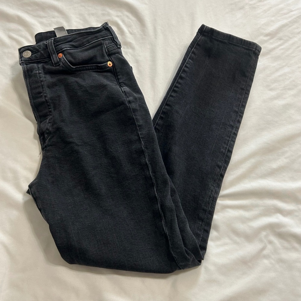HM &Denim Ultra High Waist Mom Jeans Black Button Fly Tapered Size 2